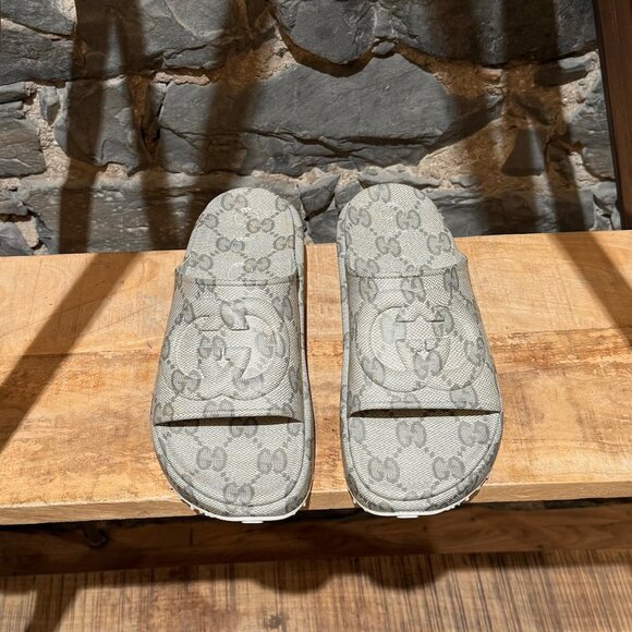 Gucci Grey GG Logo Rubber Cubic Platform Slide Sandals - Picture 4 of 12